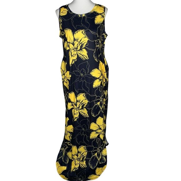 Fandee Floral Sleeveless Maxi Dress Size Large Yellow Navy Pockets Side Split - Picture 1 of 7